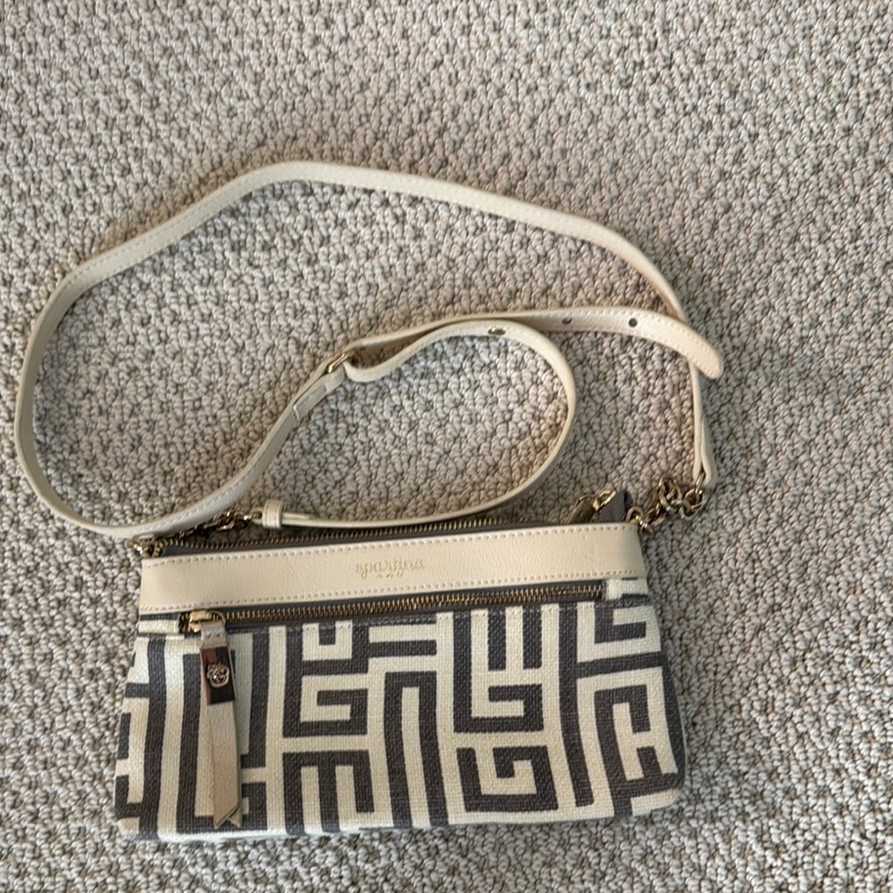 Spartina 449 Cream and Black Crossbody Bag with Geometric Design